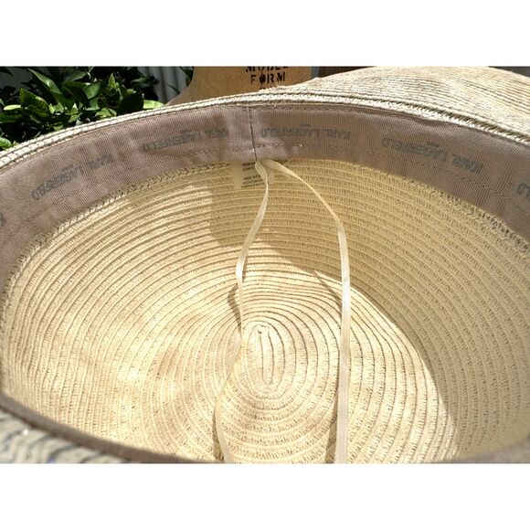 Karl Lagerfeld Paris Cream Light Grey Lurex Striped Straw Sun Hat SZ 17\